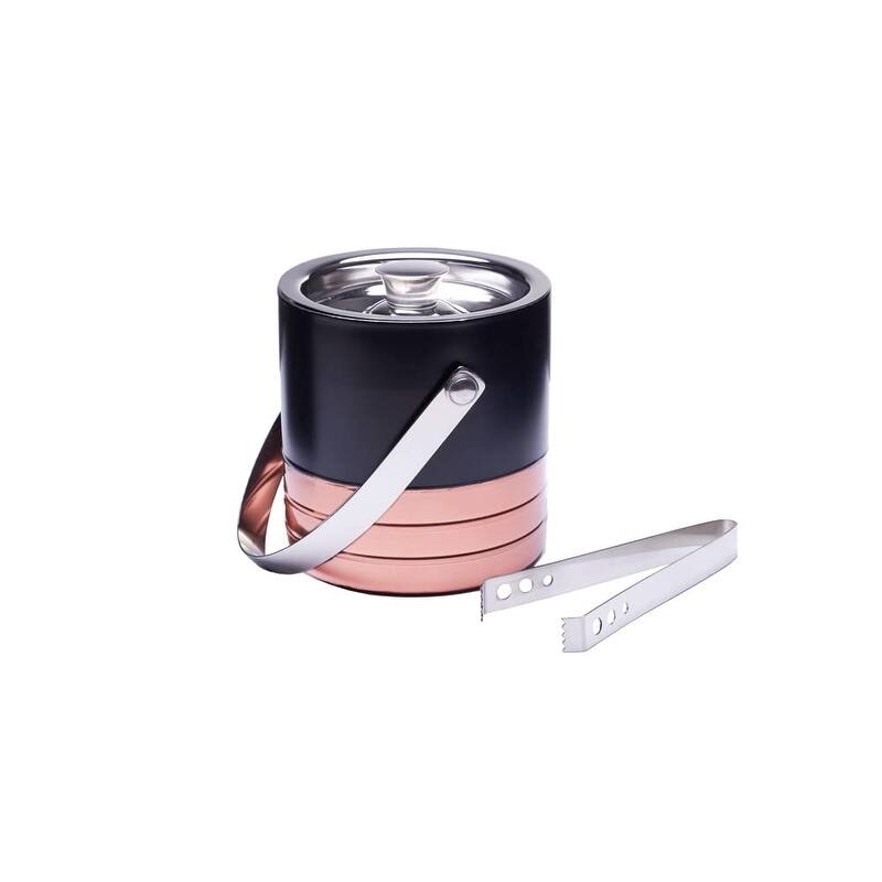Sol Living Ice Bucket Double Wall Stainless Steel with Lid and Tongs - Copper and Black