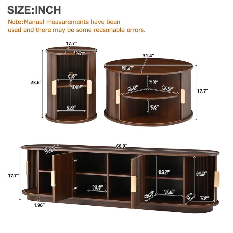 Fluted Sliding Door TV Stand & Coffee Table Set, Wooden Media Cabinet TV Console for TVs up to 75", 3-Piece Living Room Set