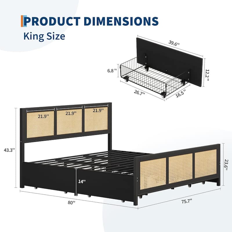 Rattan Bed Frame with Headboard, with 4 Drawers