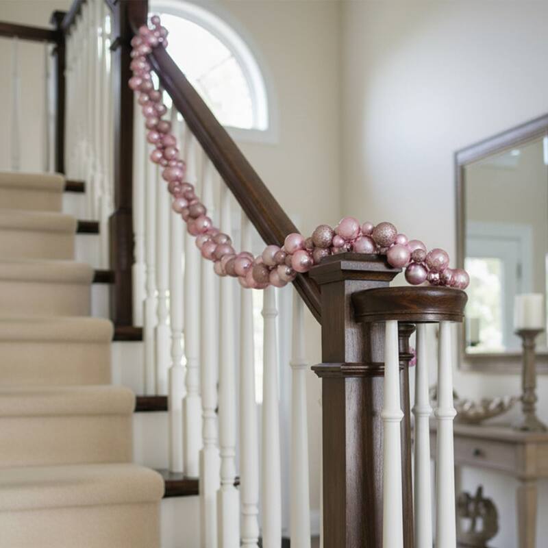 3-Finish Shatterproof Ball Christmas Garland - 6' x 3.5" - Pink - Unlit