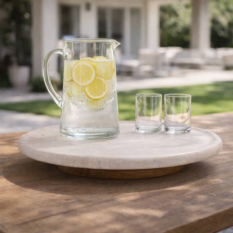 Decorative Tray - Ivory Wood Marble Round Lazy Susan - 16", Ivory - 16" x 16" x 2"