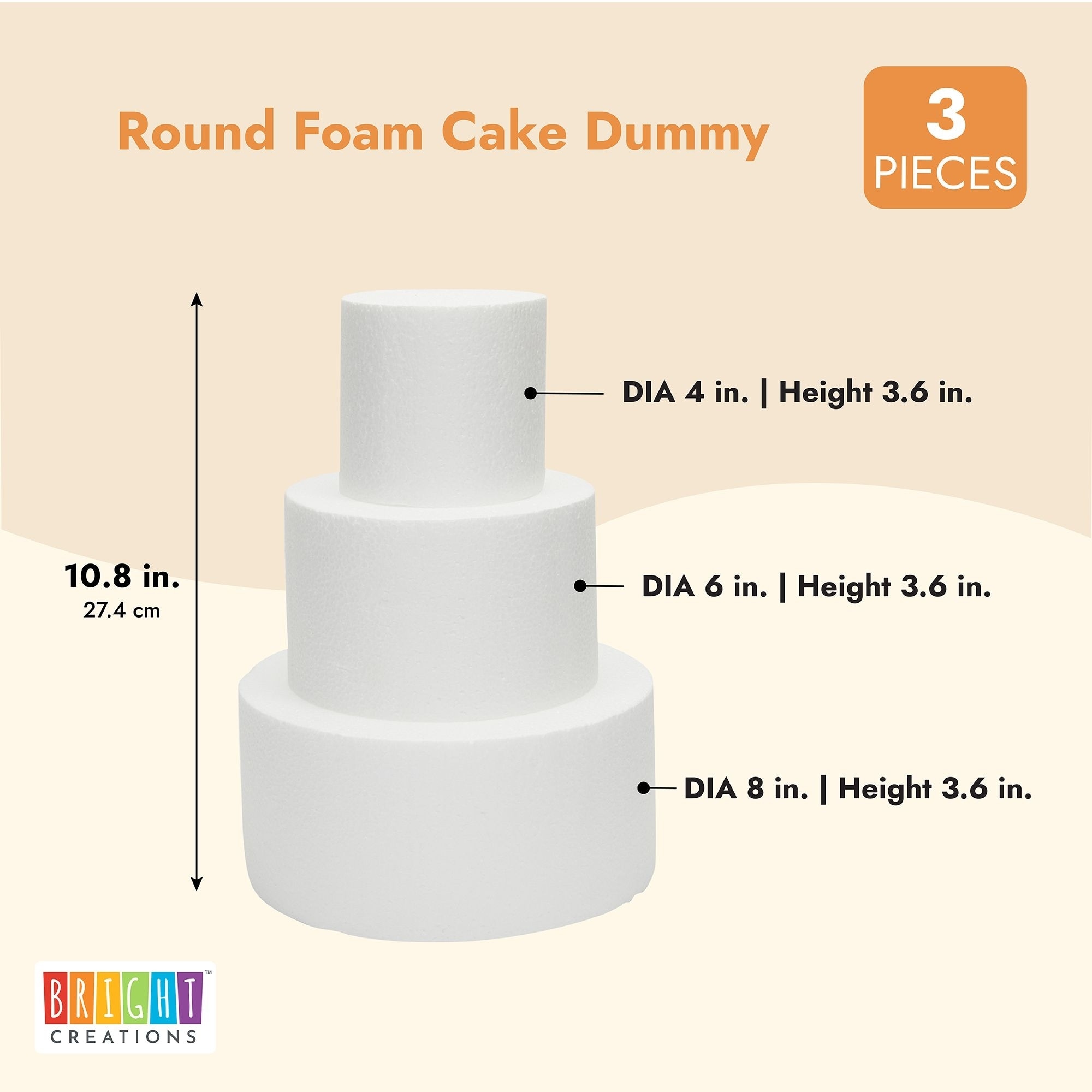 4-Piece Round Foam Cake Dummy for Decorating and Wedding Display, 6, 8, 10, 12 Inches Diameter, Total 16 Inches Tall