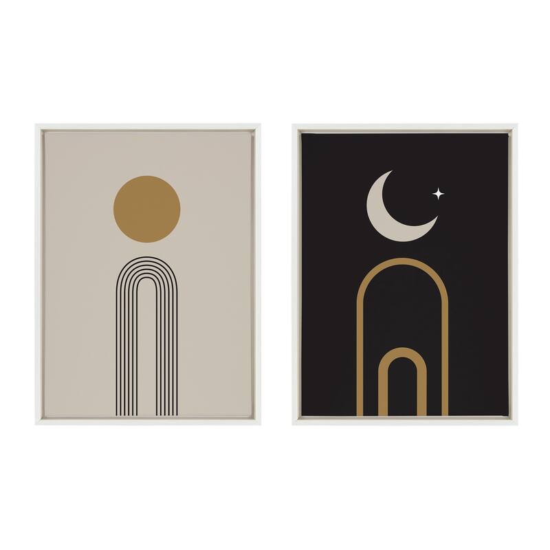 Kate and Laurel Sylvie Boho Minimalist Sunrise Rainbow and Boho Moon Arches Framed Canvas Art Set by The Creative Bunch Studio