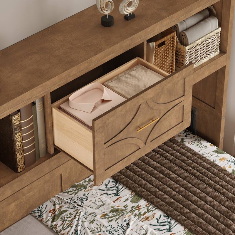 Twin Size Murphy Bed with Charging Station, Drawer, and Storage Cabinets, Wood Finish