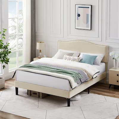 VECELO, Upholstered Platform Bed Frame with Nailhead Headboard- Twin/Full/Queen Size Bed-Beige