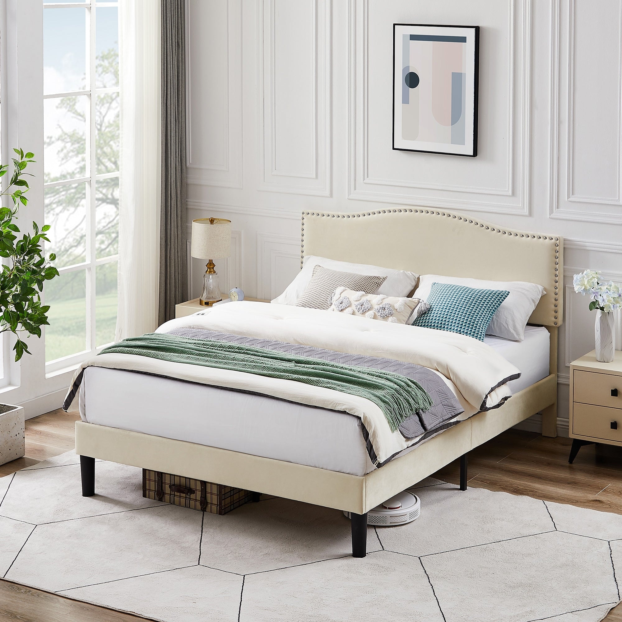 VECELO, Upholstered Platform Bed Frame with Nailhead Headboard- Twin/Full/Queen Size Bed-Beige