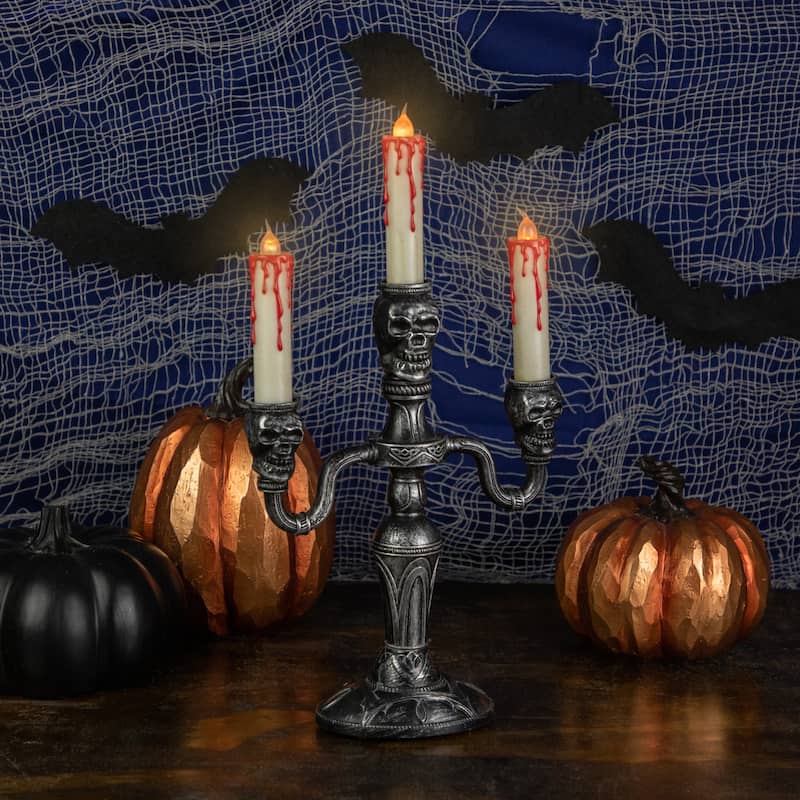 13.75" Antique Silver Skull Trio Halloween Candelabra