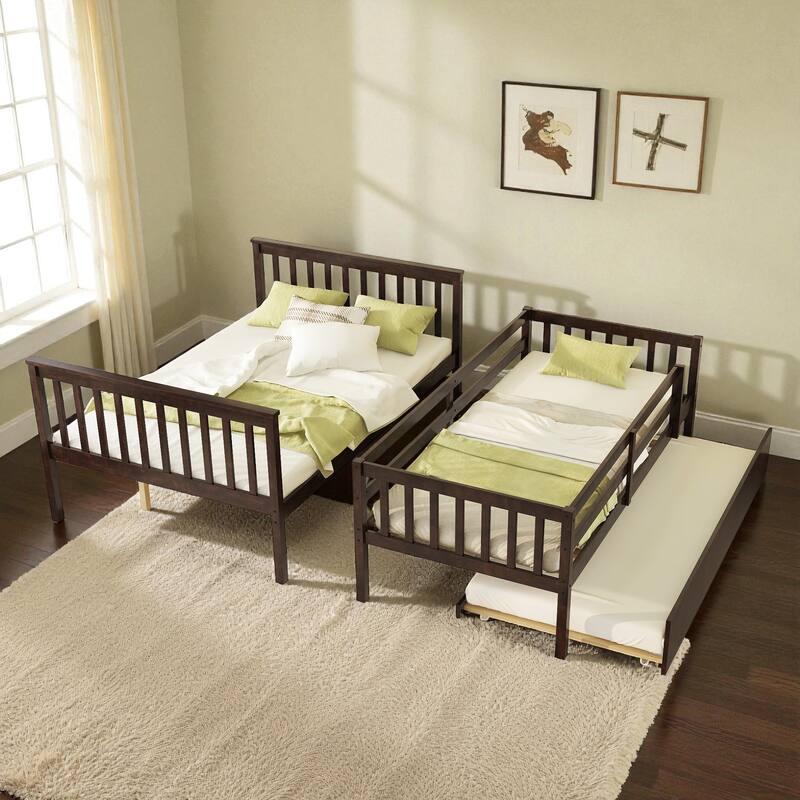 Twin Over Full Rubber Wood Bunk Bed with Twin Trundle, Convertible Ladder, Detachable Design, and Safety Guardrails