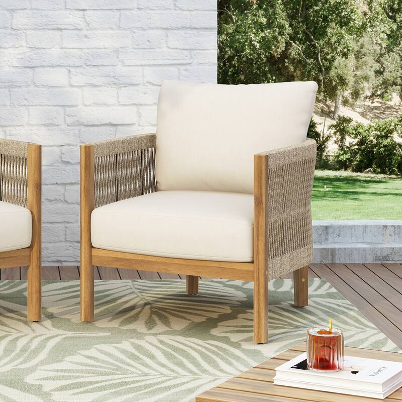 Christopher Knight Home - Valencia Acacia Wood Patio Club Chair with Woven Rope Accents - 1-Piece - Teak + Beige