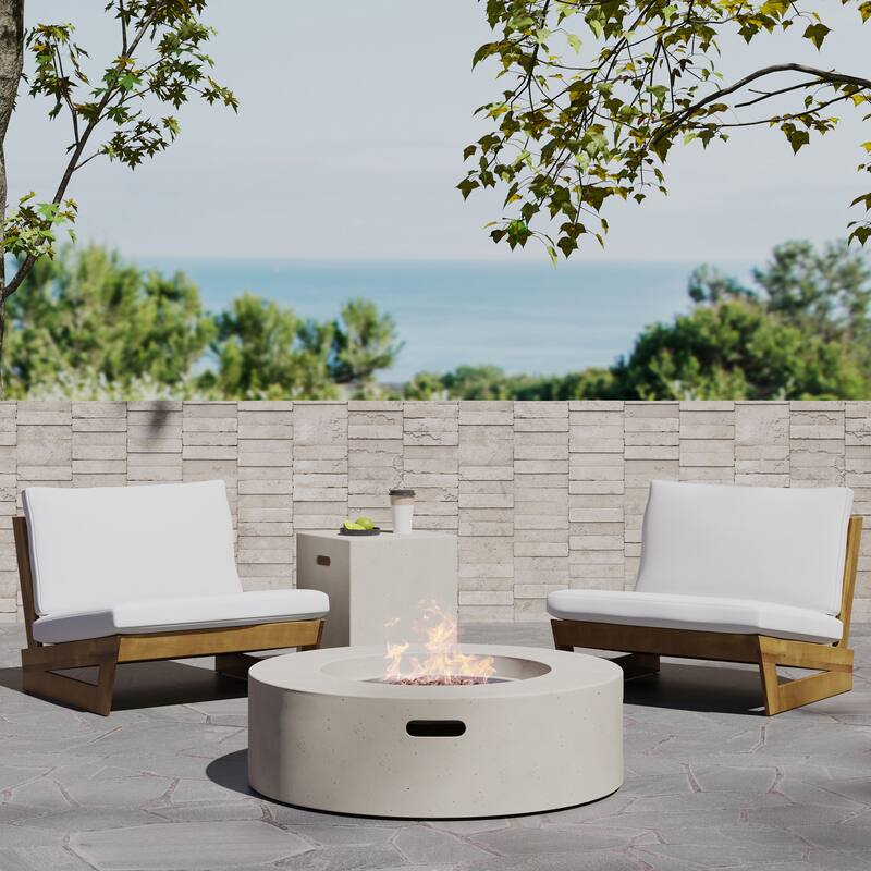 Sherwood Acacia Wood Outdoor Lounge Chairs and 50,000 BTU Circular Propane Fire Pit by Christopher Knight Home - Teak/ White/ Light Gray