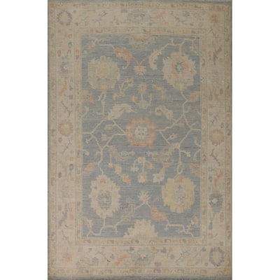 Vegetable Dye Floral Oushak Turkish Area Rug Handmade Blue Wool Carpet - 5'1"x 8'4"