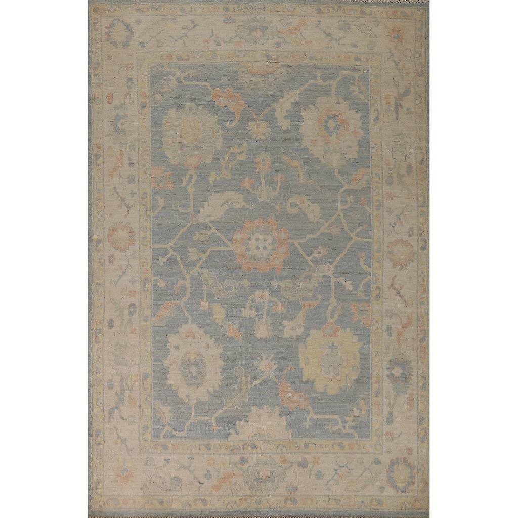 Vegetable Dye Floral Oushak Turkish Area Rug Handmade Blue Wool Carpet - 5'1"x 8'4"