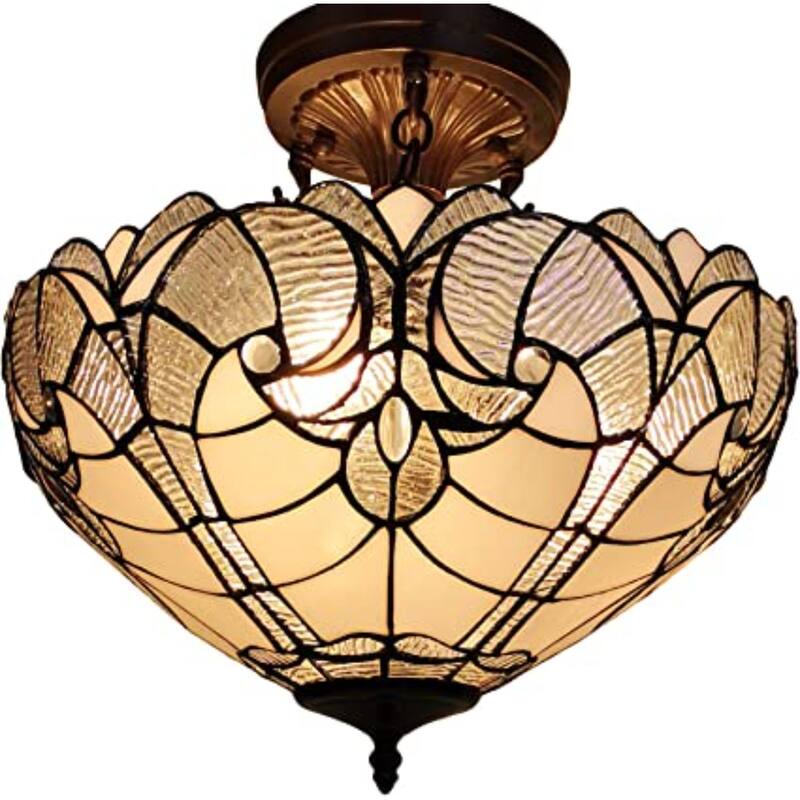 HomeRoots Yellow and Brown Two Light Tiffany Style Semi Flush Dimmable Ceiling Light - 16' X '17' X '16