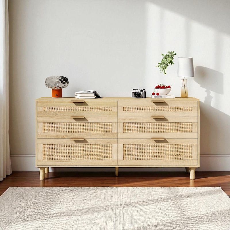Rattan Dresser with 6 Drawers, Wide Chest of Drawers Storage Cabinet with Metal Handles and Wood Legs for Bedroom and Hallway - Natural
