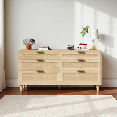 Rattan Dresser with 6 Drawers, Wide Chest of Drawers Storage Cabinet with Metal Handles and Wood Legs for Bedroom and Hallway