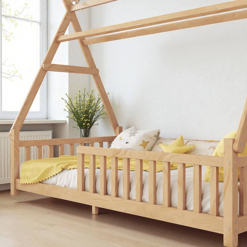 Twin/Full Size House Bed with LED Light and Fence, Wooden Low Floor Kids Bed Frame with Roof for Boys and Girls