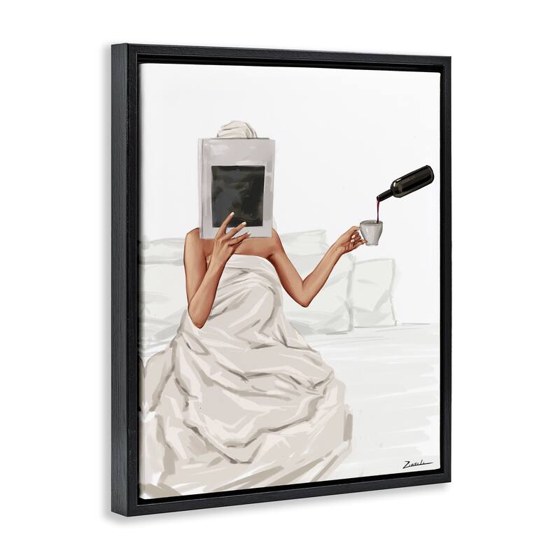 Stupell Cozy in Bed with Drink Framed Floater Canvas Wall Art Design By Ziwei Li