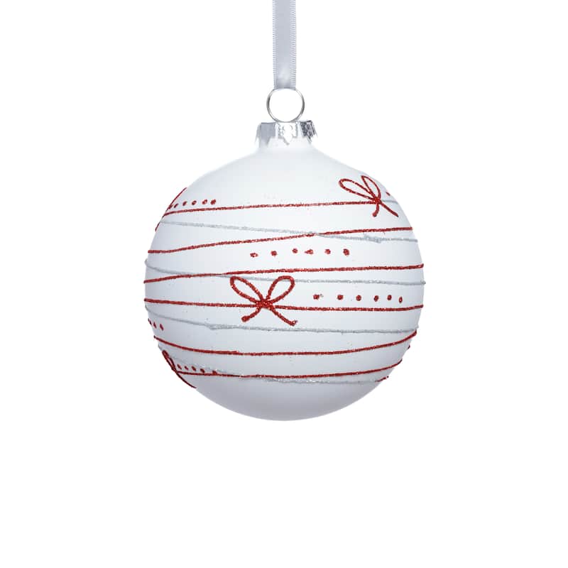4-Piece Set Matte 4.75" Glass Christmas Ball Ornaments with Red Ribbon Design