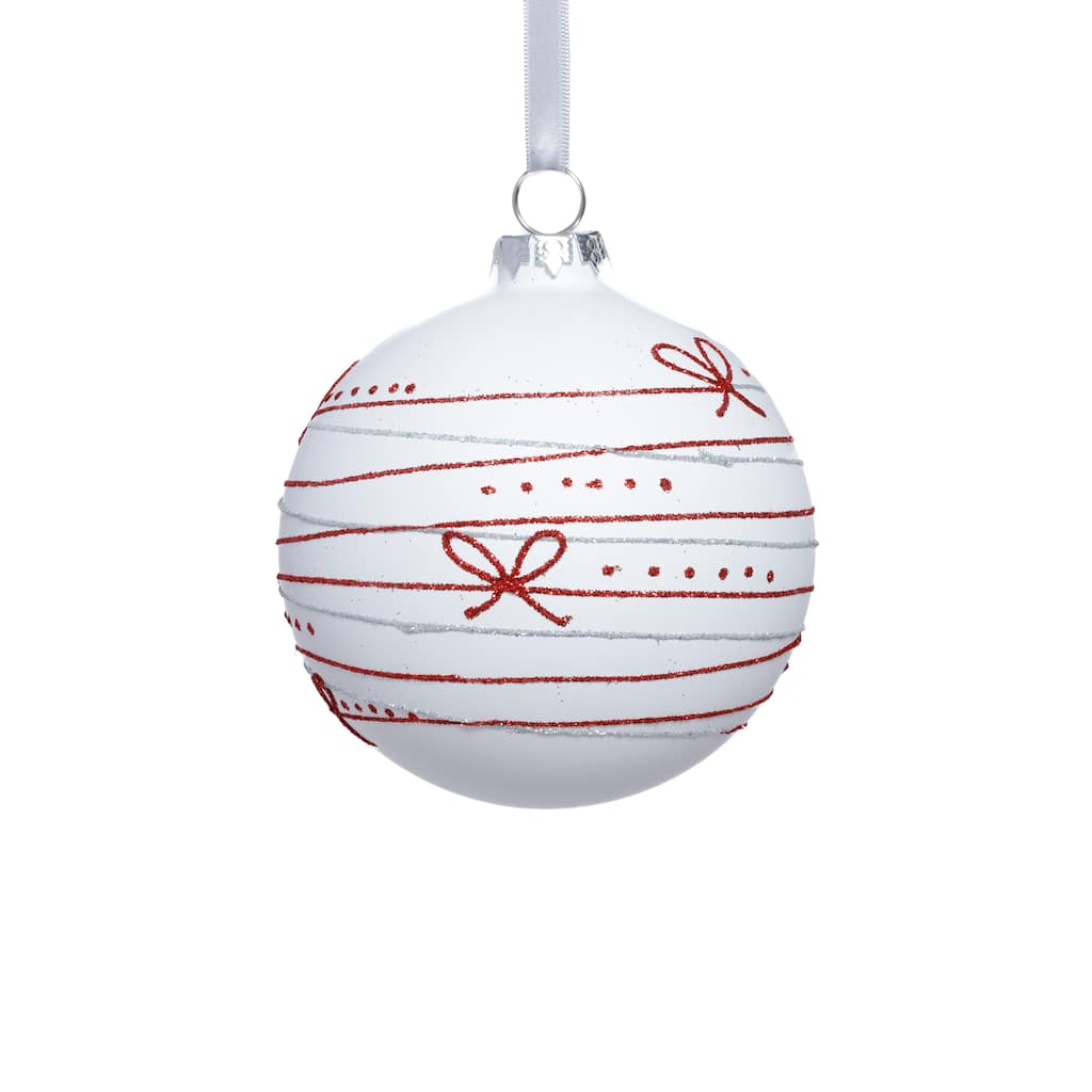 4-Piece Set Matte 4.75" Glass Christmas Ball Ornaments with Red Ribbon Design