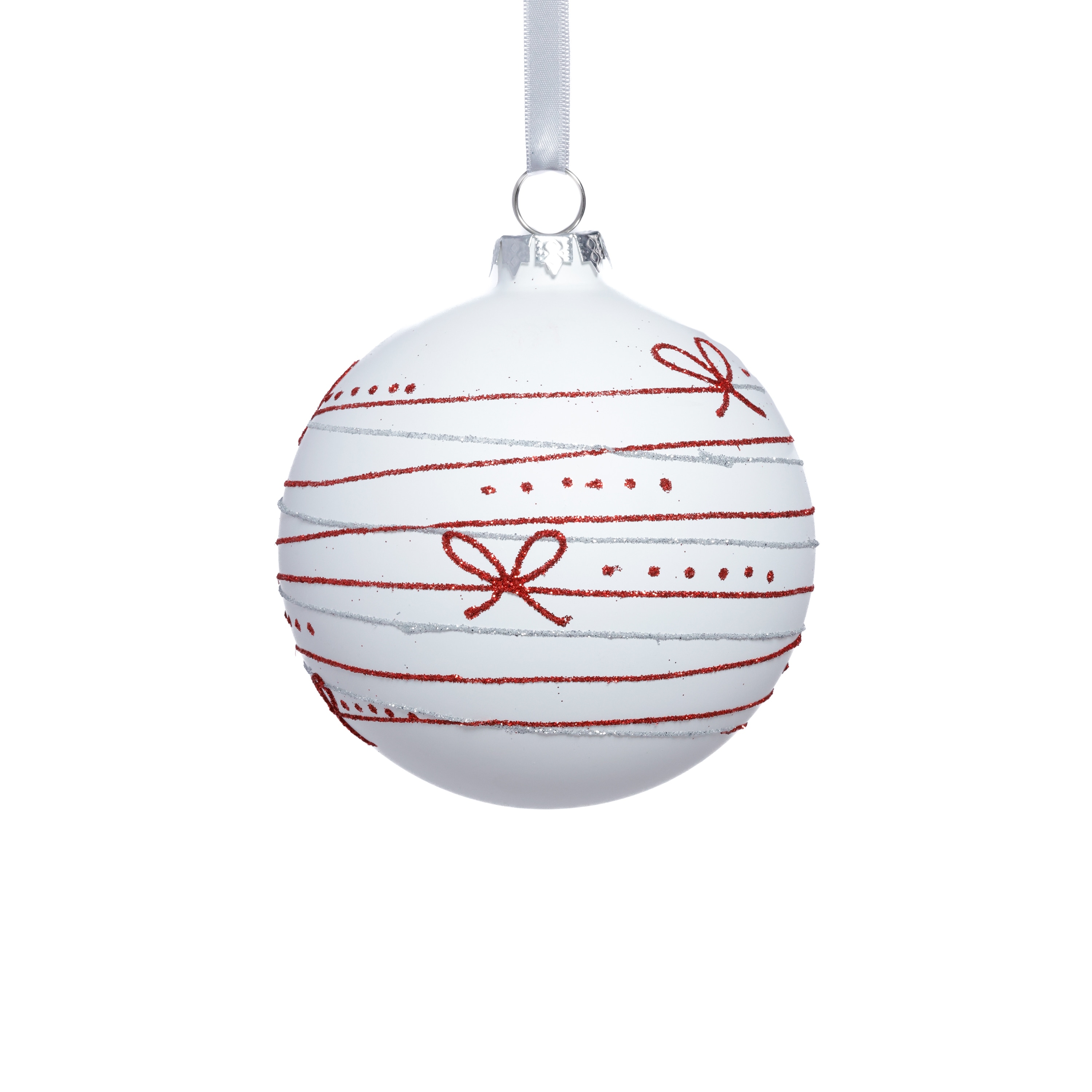 4-Piece Set Matte 4.75" Glass Christmas Ball Ornaments with Red Ribbon Design