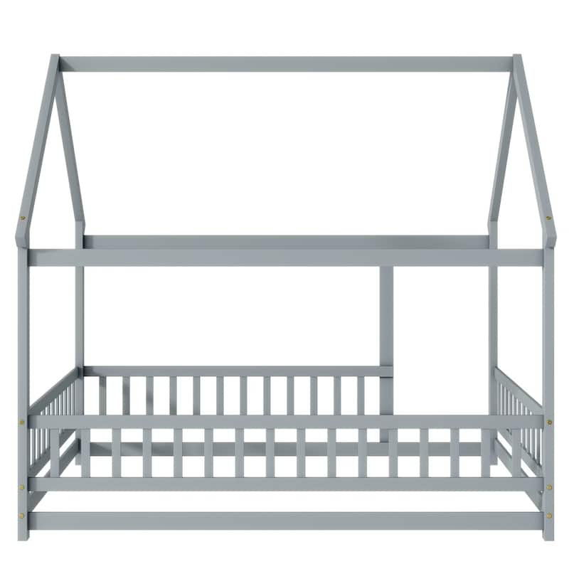 Full Size House Floor Wooden Bed with Roof Frame, Safety Guardrails
