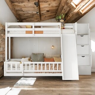 Pine Solid Wooden Twin Over Full Bunk Bed with Slide,Storage Staircase,Kids and Baby
