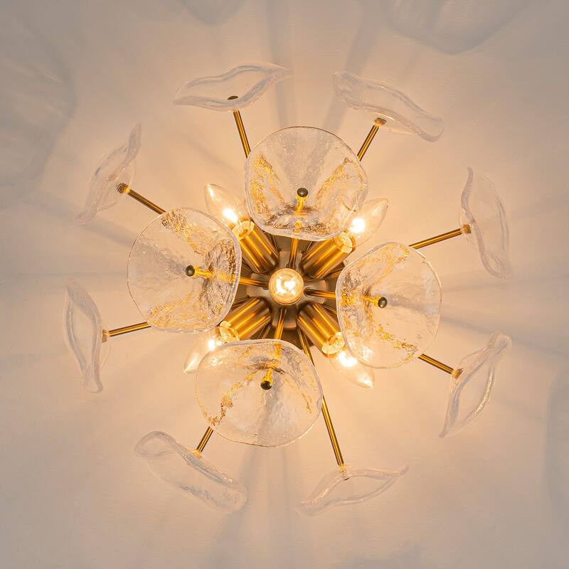 Starsky 5-Light Flush Mount Chandelier with Hand-Blown Flower Glass Shades, Art Deco/Mid-Century Style