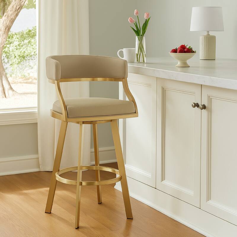 Beth Swivel Barstool Chair, Gold Steel, Sand Brown Faux Leather