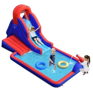 Gymax Inflatable Water Slide Park w/ Climb Slide Pool & 2 Swim Rings