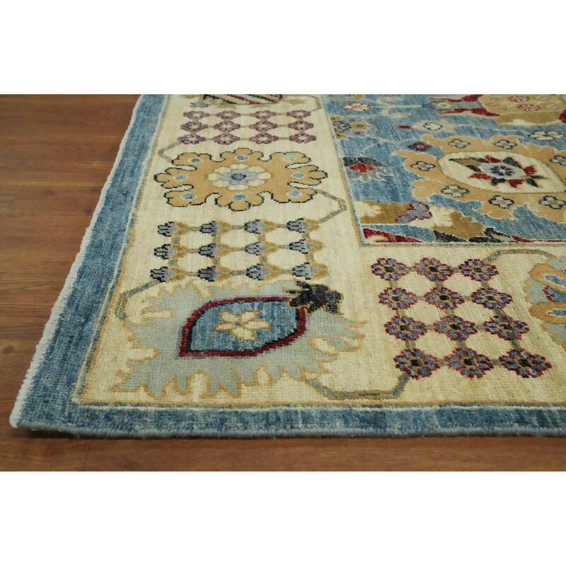 All-Over Floral Blue Oushak Vegetable Dye Area Rug, Floral Geometric Carpet - 11' 7'' X 8' 9''