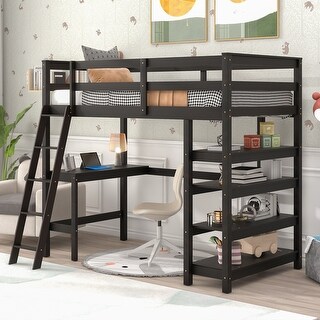 Espresso Pine Wood Loft Bed with Desk, Ladder, and Shelves, High Guard Rails