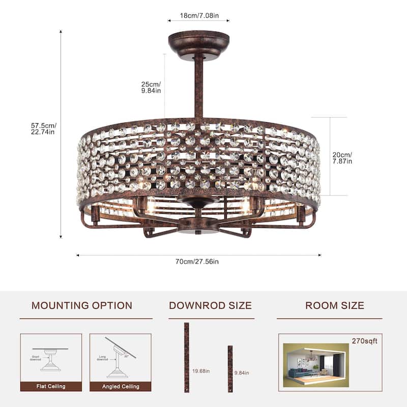 Cusp Barn 26 Inch Farmhouse Cage Crystal Ceiling Fan with Light, Antique Copper Reversible 6-Speed Ceiling Fan Light with Remote