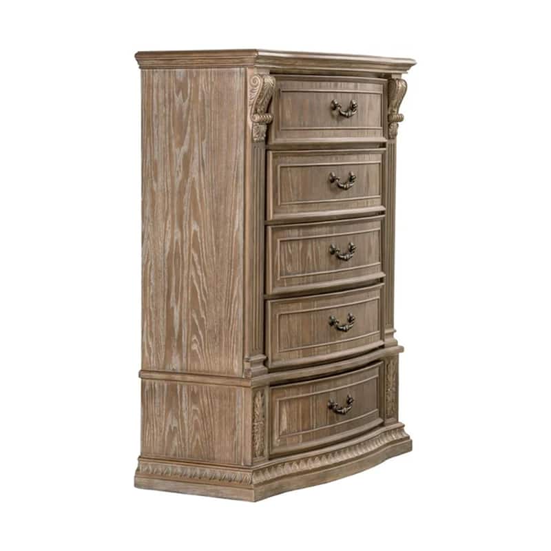 Reven Tall Dresser Chest, 5 Drawers, Weathered Oak Brown Wood, Metal