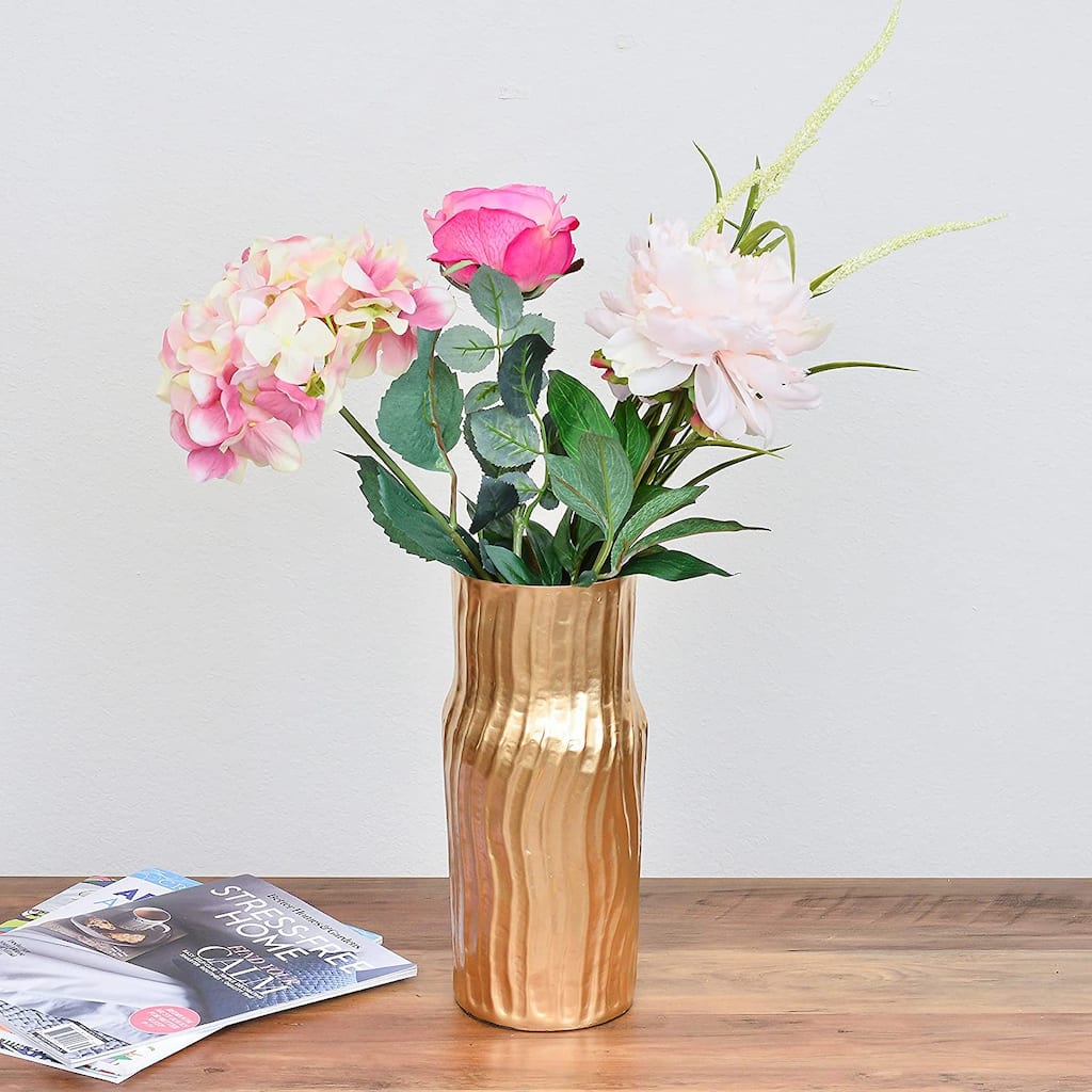 Berkware Gold Elegant 12" Tall Wavy Textured Decorative Centerpiece Vase