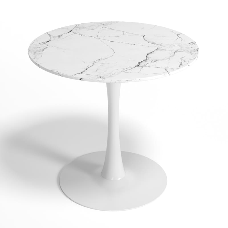 Mid-Century Modern Round Kitchen or Dining Table with Steel Pedestal Base for Dining Room - 31.5" - White Marble