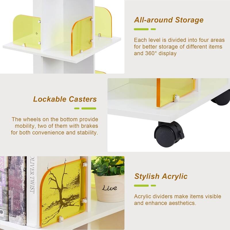 VECELO Bookshelf with Wheels,Storage Bookcase with Wheels for Bedroom, Living Room Home and Office