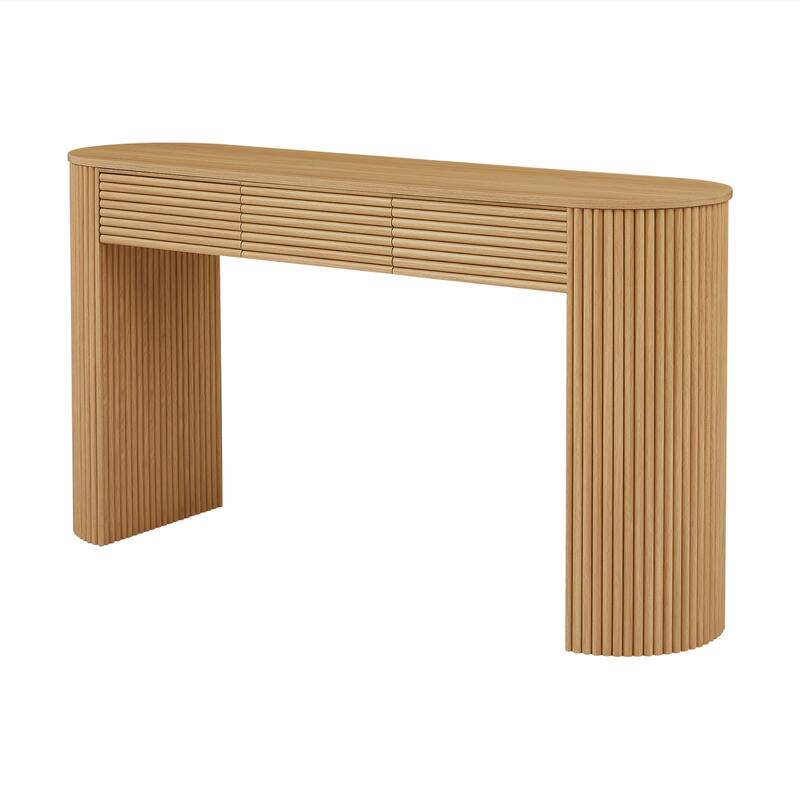 Retro Console Table with Storage, 3 Drawers, 1 Table-Leg Niche, Round Slat Aesthetic, Entryway, Living Room & Hallway