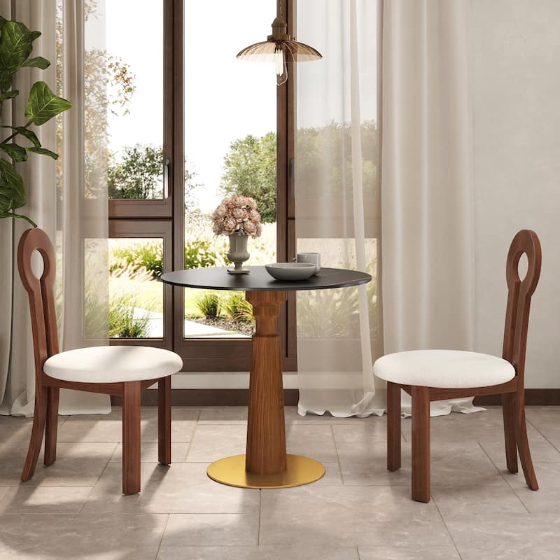 33" Retro Round Side Table, Glass & Sintered Stone Tabletop Dining Table with Solid Wood Pedestal
