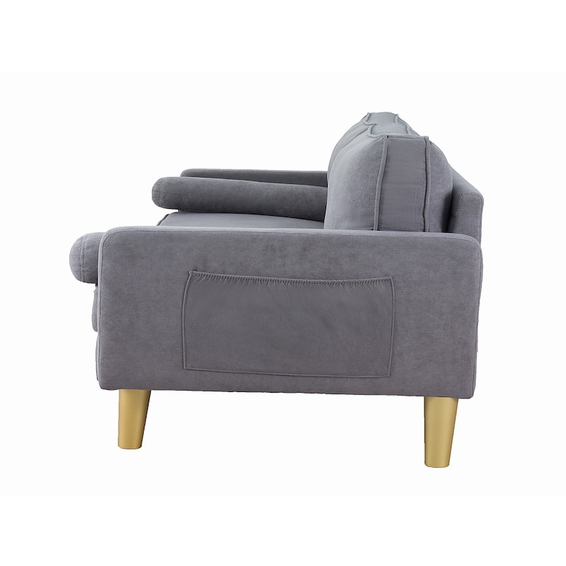 Contemporary Mid Century Style 3 Seater Linen Sofa with Armrest Pockets Premium Upholstery - 65.4 × 29.1 × 33.9 inches