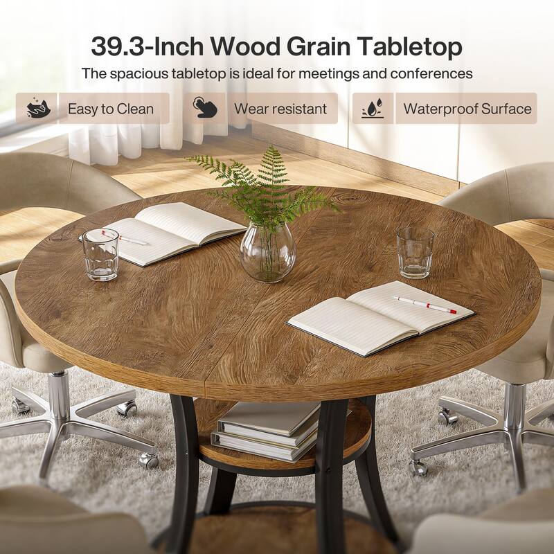 39.37 Inch Round Conference Table with 2-Tier Storage Shelf and Metal Base for 4 People - 39.37" D x 39.37" W x 29.53" H