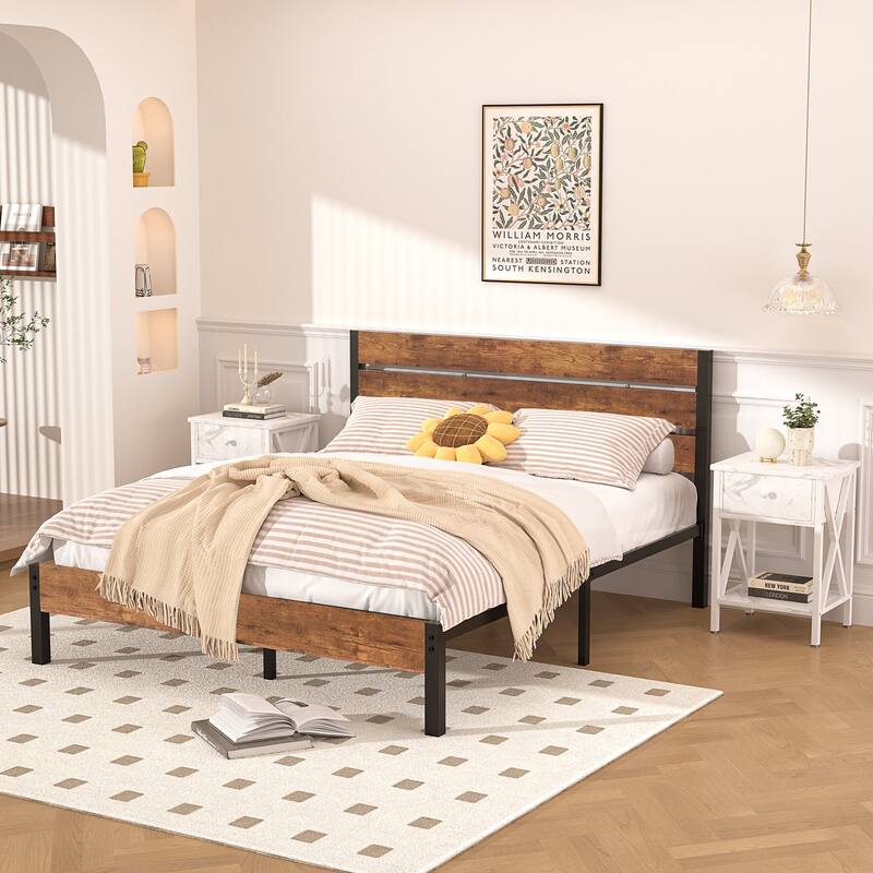 3-Pieces Bed Frame with Wood Headboard and Modern Nightstands Set of 2