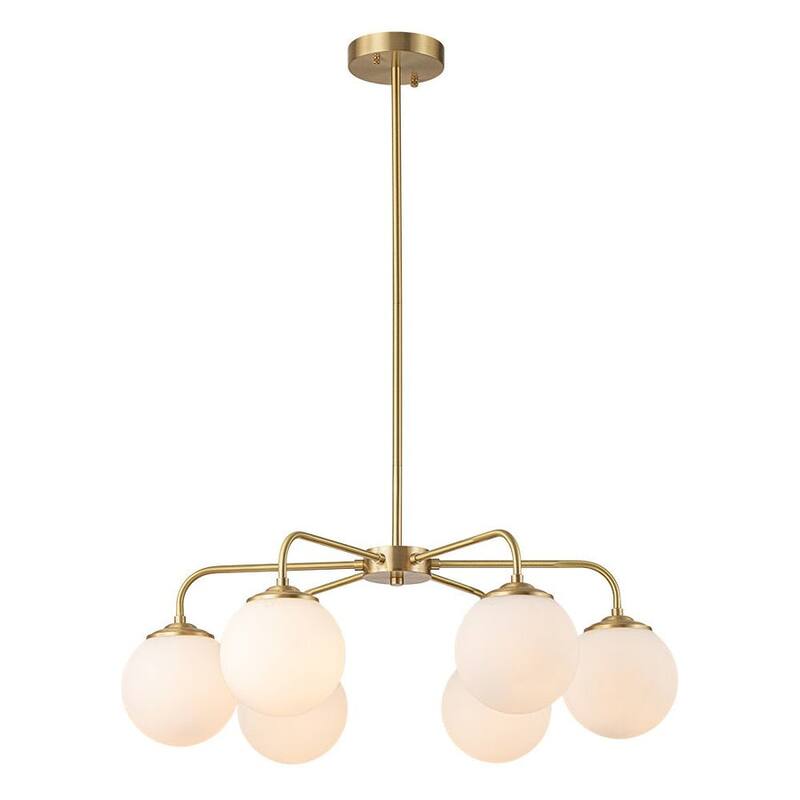 Modern 6-Light Brass Sputnik Chandelier with Frosted Glass Globes