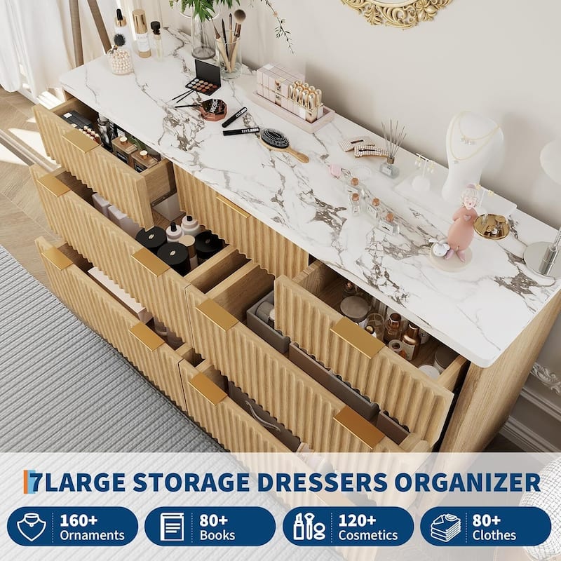 54" Modern Curved Profile Fluted Dresser with 7 Drawers