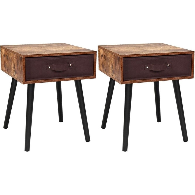 Mid-Century End Table with Removable Fabric Drawer & Solid Wood Legs, Rustic Brown