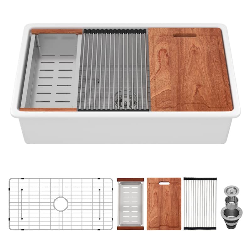 Undermount White Kitchen Sink Workstation - White Porcelain Ceramic Single Bowl Dual Mount Kitchen Sink