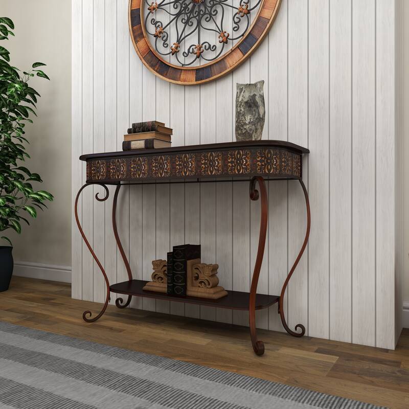 Brown Metal Embossed 1 Shelf Floral Console Table with Ornate Scroll Legs