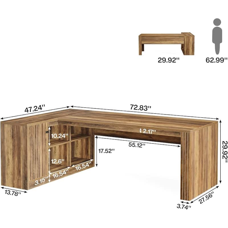 72.8 Inches L-Shaped Desk with Storage Shelves, Farmhouse Wood Computer Desk for Home Office, Rustic Brown