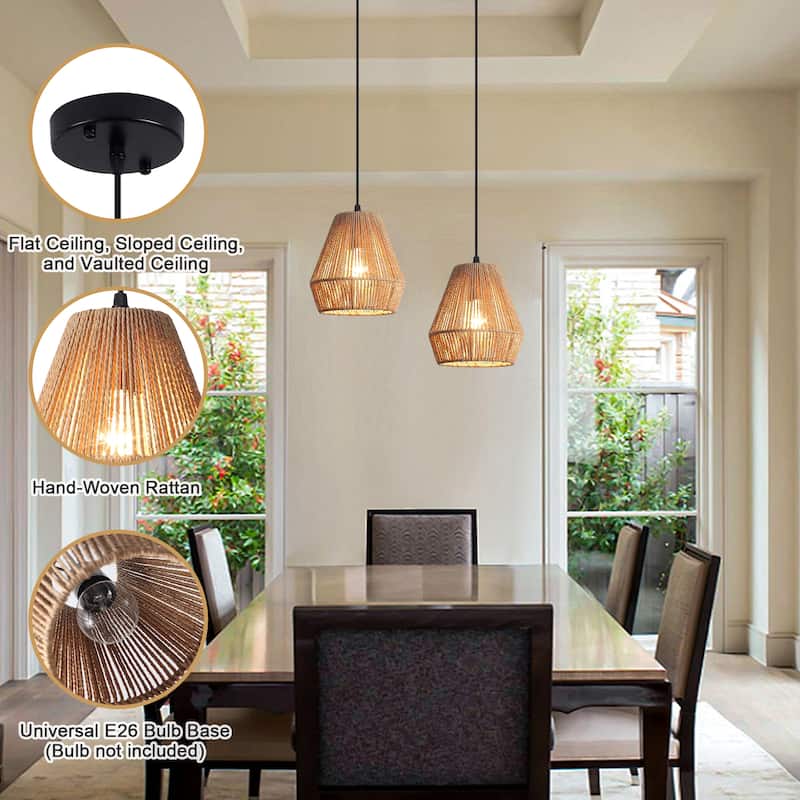 Boho Coastal 1-Light Hand-Woven Rattan Pendant Light for Kitchen Island Hallway (Set Of 2) - 7.28 in