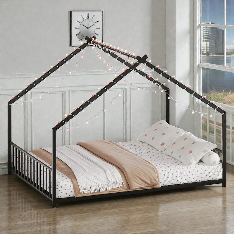 Full Size Kids House Bed Frame with LED Light Strips, Roof-Shaped Metal Floor Bed for Boys & Girls, No Box Spring Needed - Black - Full