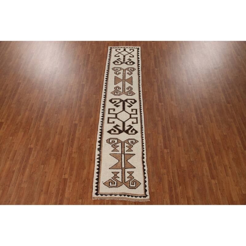 Natural Dye Ivory Anatolian Turkish Runner Rug Handmade Wool Carpet - 2'7"x 11'9"